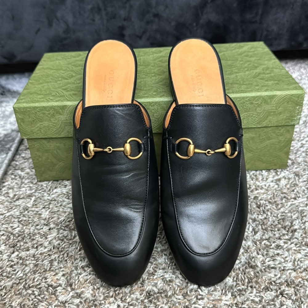 GUCCI Women’s Princetown Leather Slipper Loafers Black Size 37.5 (US 6.5)